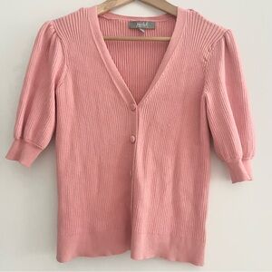 Marled Pink Ribbed V-Neck Cardigan Sweater w Puffy 3/4 Sleeves Sz Medium